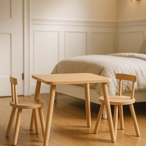 May include: A light-toned wooden table with a rectangular top and four tapered legs, accompanied by two matching wooden chairs. Each chair features a circular seat, a low backrest with a single horizontal slat, and four sturdy, slightly angled legs.