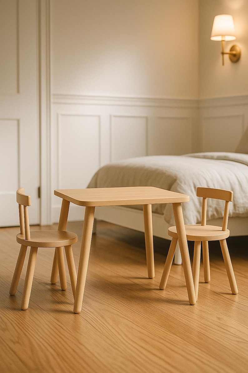 May include: A light-toned wooden table with a rectangular top and four tapered legs, accompanied by two matching wooden chairs. Each chair features a circular seat, a low backrest with a single horizontal slat, and four sturdy, slightly angled legs.