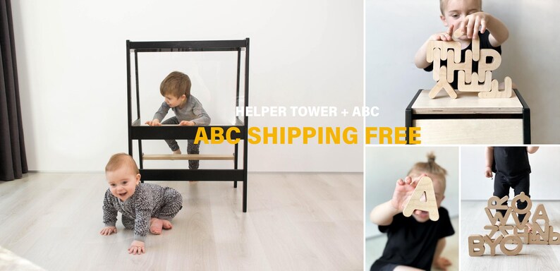 May include: A black wooden helper tower with a horizontal bar and a set of light-colored wooden alphabet letters. The letters are shaped like various characters and can be stacked or held. The text HELPER TOWER + ABC is visible in the image.