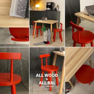 May include: A bright red wooden chair with a round seat, four cylindrical legs, and a horizontal backrest. The chair features the text ALL WOOD + ALL RAL, RAL 0404060, H 53. It is shown in various angles alongside a light-colored wooden table.