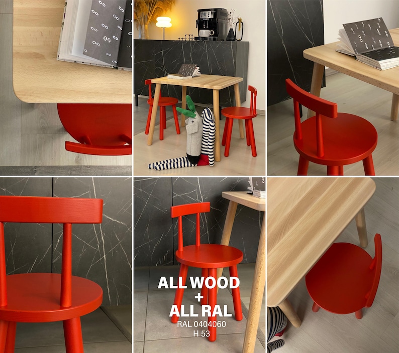 May include: A bright red wooden chair with a round seat, four cylindrical legs, and a horizontal backrest. The chair features the text ALL WOOD + ALL RAL, RAL 0404060, H 53. It is shown in various angles alongside a light-colored wooden table.