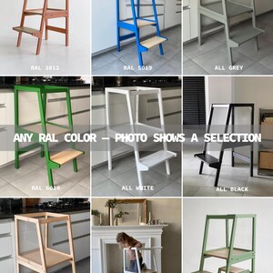 May include: A collection of wooden learning towers in various colors including RAL 3012, RAL 5019, grey, green, white, black, and natural wood. The image features text stating ANY RAL COLOR - PHOTO SHOWS A SELECTION, showcasing step stools.