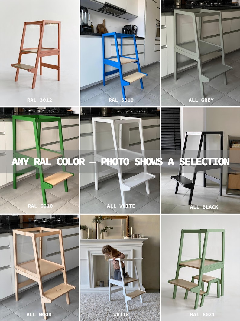 May include: A collection of wooden learning towers in various colors including RAL 3012, RAL 5019, grey, green, white, black, and natural wood. The image features text stating ANY RAL COLOR - PHOTO SHOWS A SELECTION, showcasing step stools.