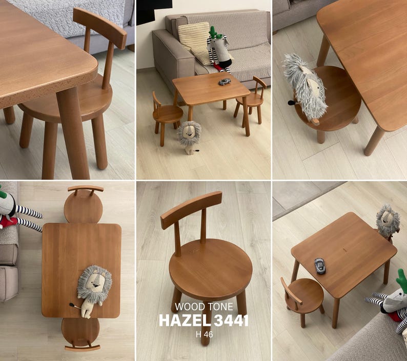 May include: A light brown wooden children's table and two chairs set with rounded edges and cylindrical legs. The set features the text WOOD TONE HAZEL 3441 H 46. The furniture has a smooth finish and a simple design, suitable for a play area.