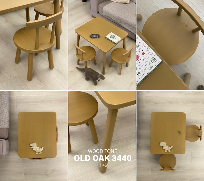 May include: A wooden children's furniture set in an old oak 3440 wood tone, featuring a rectangular table and two round chairs with backrests. The set includes a dinosaur-shaped decorative element and text reading WOOD TONE OLD OAK 3440 H 46.