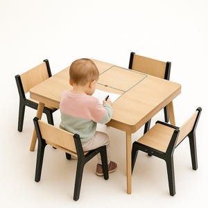 Montessori Tisch für Zwillinge: Birch Kinderaktivitätstisch mit 2 Schubladen T60x80+2Stuhlrücken