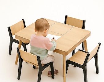Montessori Table for Twins: Birch Kids Activity Table with 2 Drawers T60x80+2Chair Back
