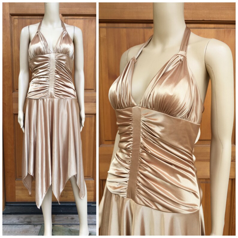 NWT 90s Shiny Gold Party Dress Medium Vintage Handkerchief Hem High Low Halter Sun Dress XOXO 1990s