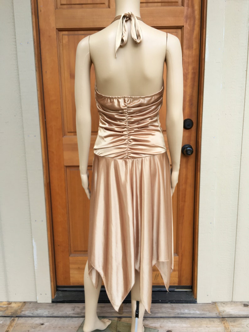 NWT 90s Shiny Gold Party Dress Medium Vintage Handkerchief Hem High Low Halter Sun Dress XOXO 1990s