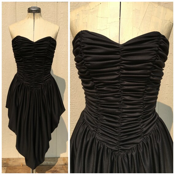 Vintage 80s Prom Dress Strapless Ruched Pleats Tul