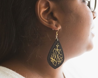 Black And Gold Earrings- Faux Leather