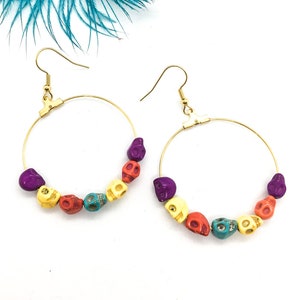 Dia de los muertos earrings, Colorful halloween skull jewelry, Day of the dead earrings, Skull hoop statement earrings, Halloween earrings