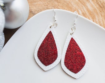 Red white dangle earrings, Red Christmas statement earring, Women stocking stuffers, handmade earrings gift
