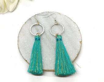 Green tassel earring, Long statement earrings, Dangle teal earrings, Green fringe earrings