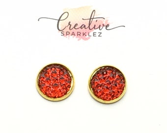 Red stud earrings, Red sparkly earrings, Red statement studs, Stainless steel earrings, red handmade studs