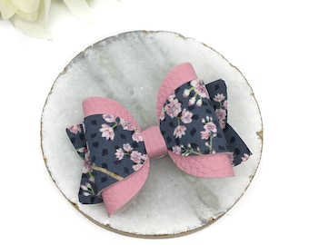 Floral Hair Bows, Pink Blue Baby Headband, Floral print bow clip, Floral faux leather bows, Baby Girl Gift, Flower girl gift