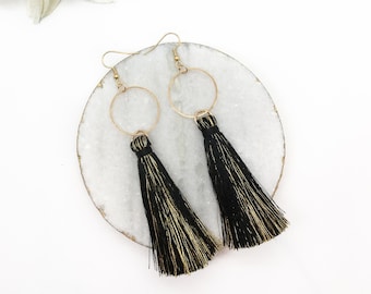 Black tassel earrings, Long black earrings, Lightweight statement earrings, Hypoallergenic earrings