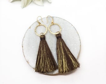 Brown tassel earring, Brown statement earrings, Long tassel earrings, Gift for women