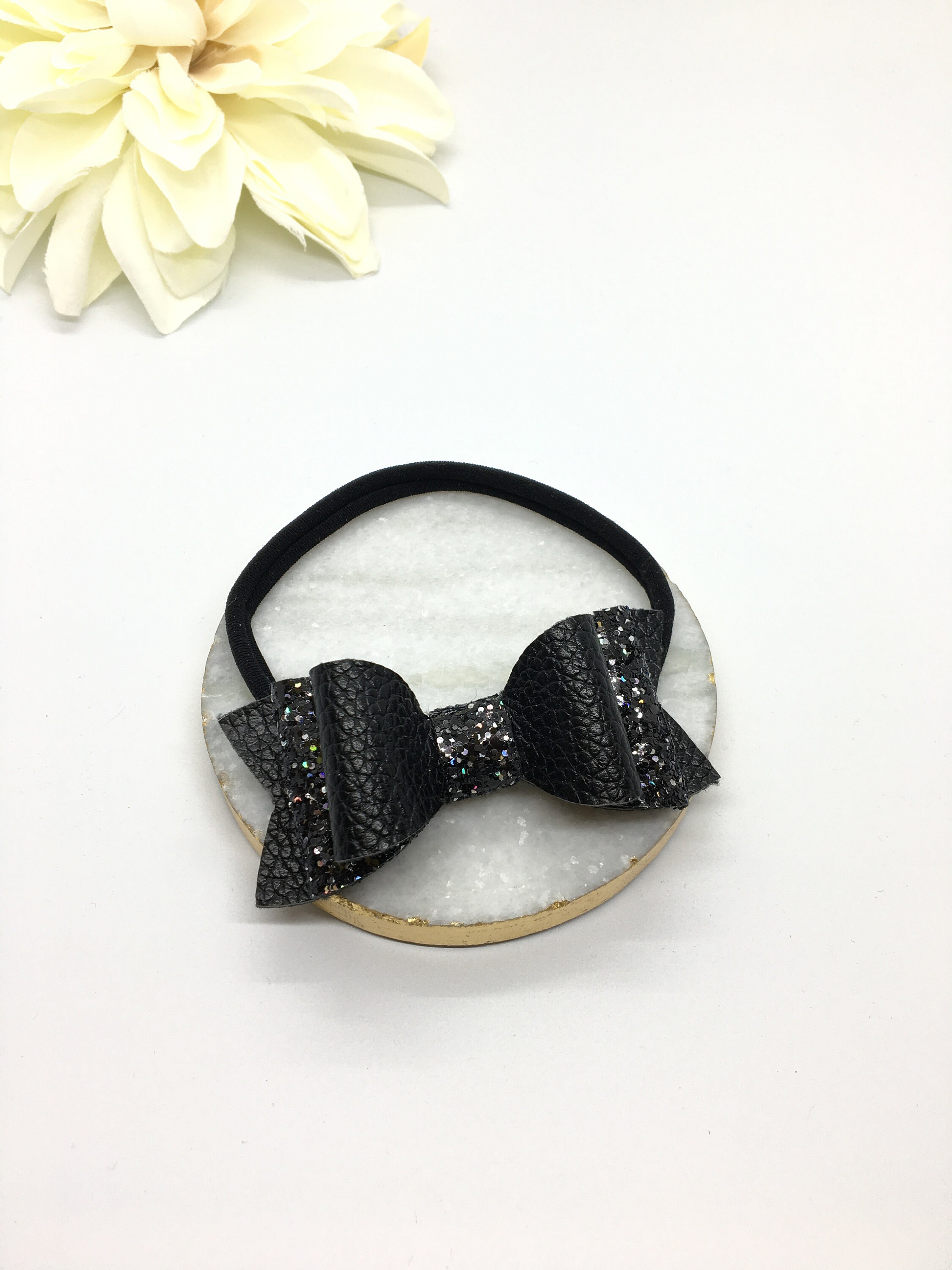 Black Hair Bow Clip Black Glitter Bow Black Baby Headband Etsy