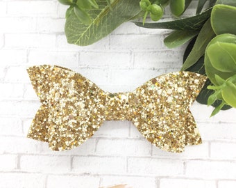 Gold Glitter Hair bow, Glitter Bow Headband, Baby Shower Gift Girl, Gold Headband Baby, Gold Bow Clip, Sparkle Headband girl, Choose a size