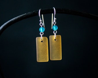 Yellow & Blue Sea Glass Silver Earrings|Minimalist Handmade Jewelry|Colorful Sunny Light Dangle|Her Unique Summer Gift|CareKit FREE Shipping