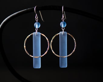 Sea Glass & Sterling Silver Hammered Hoop Earrings|Minimalist Handmade Jewelry|Light Blue Sapphire Dangle Gift for Her|CareKit FREE SHIPPING
