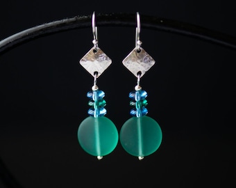 Ocean Green Sea Glass & Silver Dangle Earrings|Minimalist Handmade Jewelry|Hammered Sterling|Summer Statement Gift|CareKit FREE SHIPPING