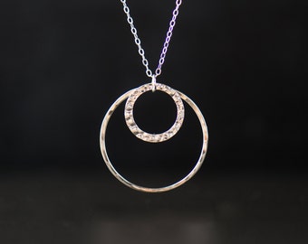 Sterling Silver Double Circle Pendant / Minimalist Handmade Jewelry / Hammered Light Chain Necklace Gift for Women / CareKit /FREE SHIPPING