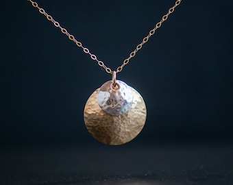 Hammered Gold & Silver Pendant|Minimalist Handmade Jewelry|Modern Mixed Metal|Graduation Anniversary Birthday Gift|CareKit Free Shipping