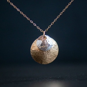 Hammered Gold & Silver Pendant|Minimalist Handmade Jewelry|Modern Mixed Metal|Graduation Anniversary Birthday Gift|CareKit Free Shipping