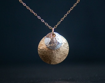 Hammered Gold & Silver Pendant|Minimalist Handmade Jewelry|Modern Mixed Metal|Graduation Anniversary Birthday Gift|CareKit Free Shipping