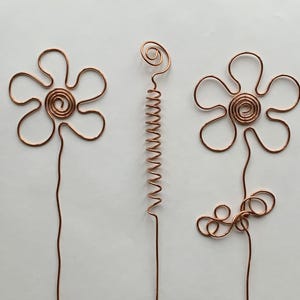 Könnte beinhalten: Drei Blumenskulpturen aus Kupferdraht. Zwei Blumen haben fünf Blütenblätter und ein spiralförmiges Zentrum. Die dritte Skulptur ist ein Stiel mit einer spiralförmigen Spitze. Die Blumen sind auf weißem Hintergrund.