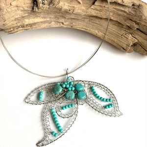 Designer Statement Kette Unikat - Großes Wirework Collier mit Türkis - Handgearbeiteter Edelstahl Anhänger  - Kunsthandwerk