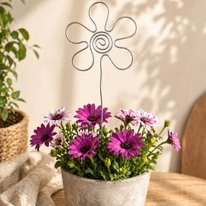 May include: A pot of purple and white flowers with a decorative wire flower. The flowers are in a weathered grey pot, set on a wooden surface. A leafy green plant is in the background.