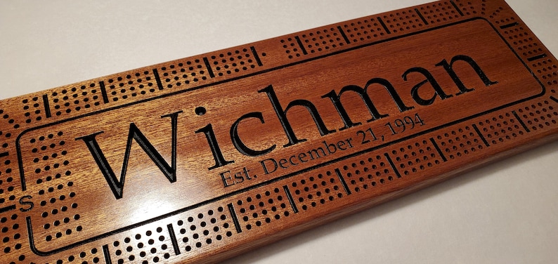 Personalized Cribbage Board, Family Name Carved, Wedding Gift, Anniversary Gift, Couples Gift, Solid Mahogany image 6