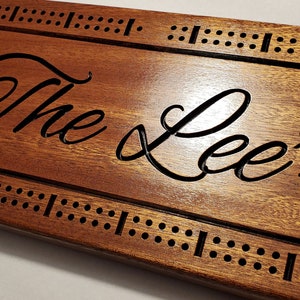 Personalized Cribbage Board, Family Name Carved, Wedding Gift, Anniversary Gift, Couples Gift, Solid Mahogany image 5