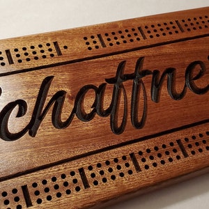 Personalized Cribbage Board, Family Name Carved, Wedding Gift, Anniversary Gift, Couples Gift, Solid Mahogany image 2