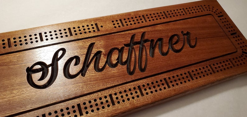 Personalized Cribbage Board, Family Name Carved, Wedding Gift, Anniversary Gift, Couples Gift, Solid Mahogany image 2