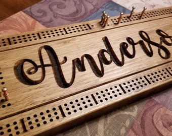 Personalized Cribbage Board, Family Name Carved, Wooden Cribbage, Wedding Gift, Anniversary Gift, Cottage Sign, Anderson Design