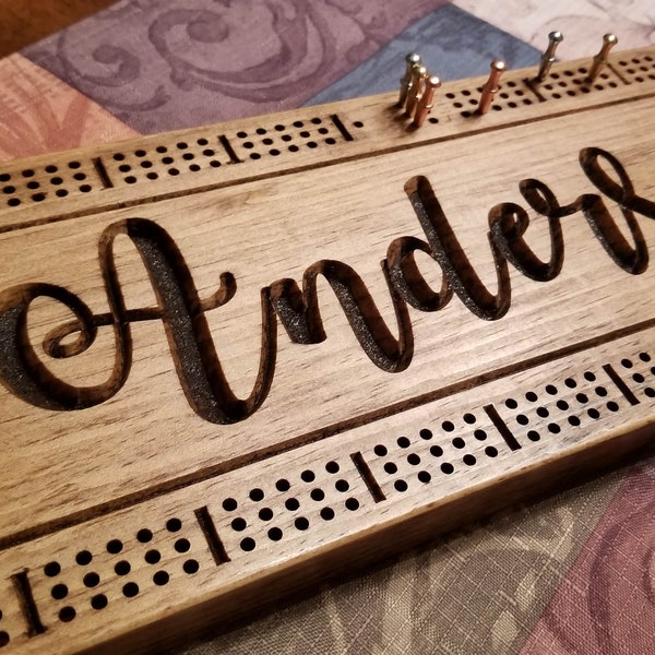 Personalized Cribbage Board, Family Name Carved, Wooden Cribbage, Wedding Gift, Anniversary Gift, Cottage Sign, Anderson Design