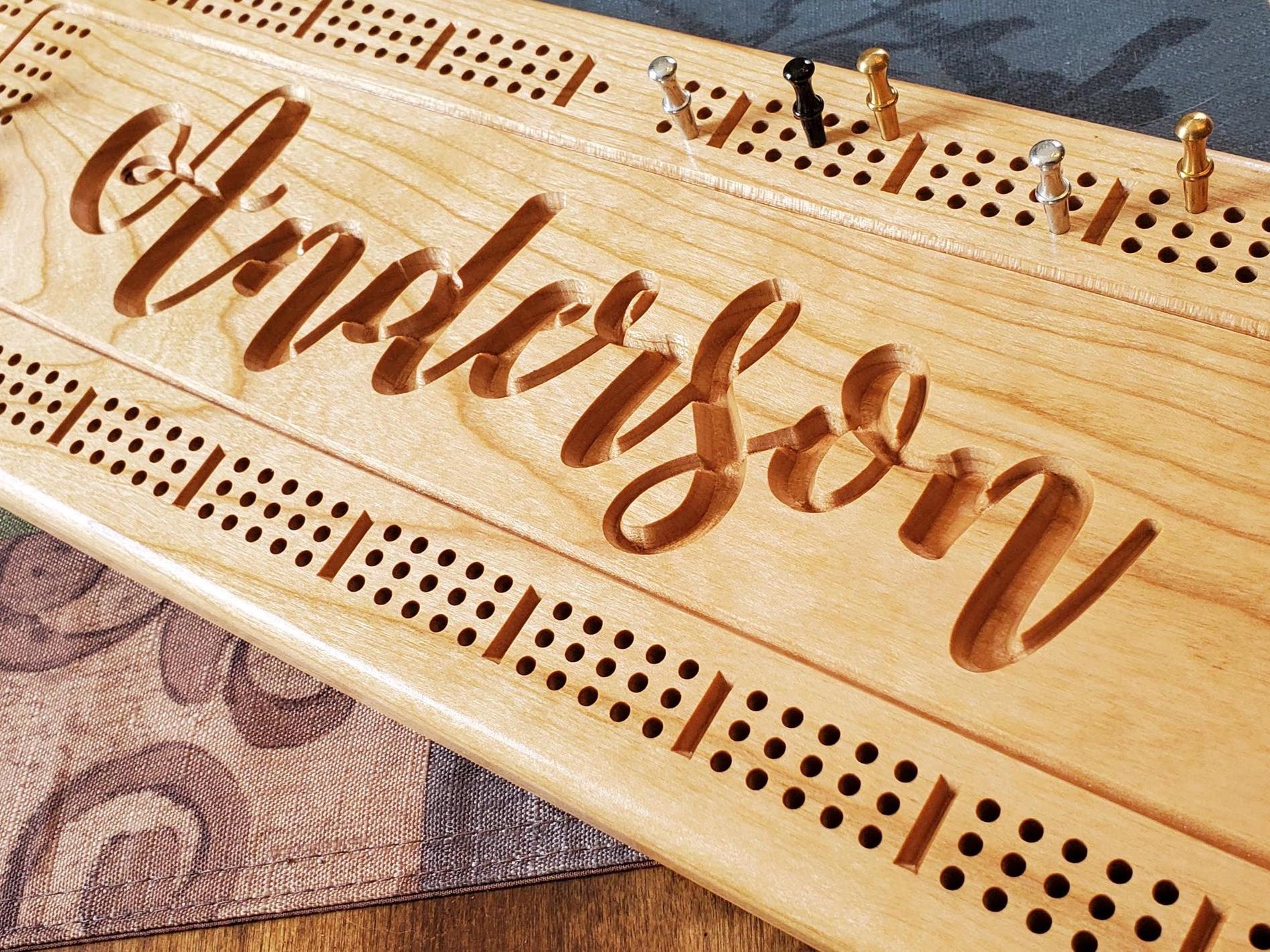 Personalized Cribbage Board, Family Name Carved, Wooden Cribbage, Wedding Gift, Anniversary Gift, Cottage Sign, Anderson Design