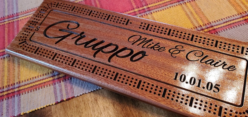 Personalized Cribbage Board, Family Name Carved, Wedding Gift, Anniversary Gift, Couples Gift, Solid Mahogany image 4