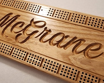 Personalized Hardwood Cribbage Board, Family Name Carved, Wedding Gift, Anniversary Gift, Natural Ash, Peg Storage, Card Storage Optional