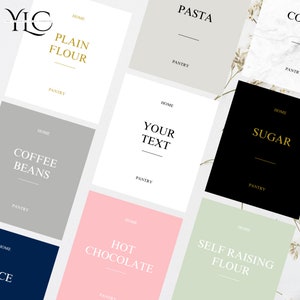 May include: A selection of pantry labels in diverse colours, including white, grey, black, and pink. Each label displays text like "Plain Flour," "Coffee Beans," and "Sugar," with "Home" and "Pantry" also shown. The labels are designed for kitchen organisation.