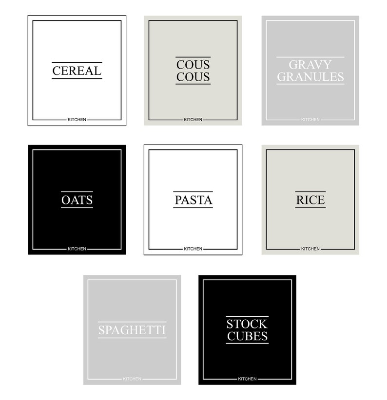K&ouml;nnte beinhalten: Eine Sammlung minimalistischer K&uuml;chenetiketten mit Texten wie "CEREAL", "COUS COUS", "GRAVY GRANULES", "OATS", "PASTA", "RICE", "SPAGHETTI" und "STOCK CUBES". Jedes Etikett hat einen einfachen Rahmen und das Wort "KITCHEN".