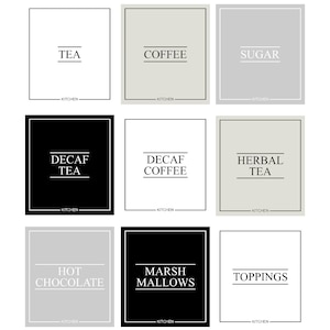 May include: Nine rectangular kitchen labels with text. The labels are in various colors: white, black, and grey. The labels read: TEA, COFFEE, SUGAR, DECAF TEA, DECAF COFFEE, HERBAL TEA, HOT CHOCOLATE, MARSHMALLOWS, and TOPPINGS.