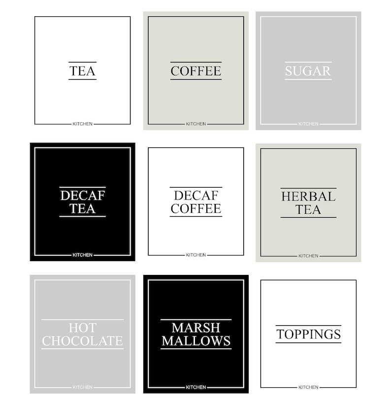 May include: Nine rectangular kitchen labels with text. The labels are in various colors: white, black, and gray. The labels read: TEA, COFFEE, SUGAR, DECAF TEA, DECAF COFFEE, HERBAL TEA, HOT CHOCOLATE, MARSHMALLOWS, and TOPPINGS.