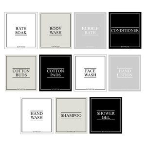 Könnte beinhalten: Eine Sammlung von Badezimmeretiketten mit minimalistischem Design. Die Etiketten enthalten "Bath Soak", "Body Wash", "Bubble Bath", "Conditioner", "Cotton Buds", "Cotton Pads", "Face Wash", "Hand Lotion", "Hand Wash", "Shampoo" und "Shower Gel".