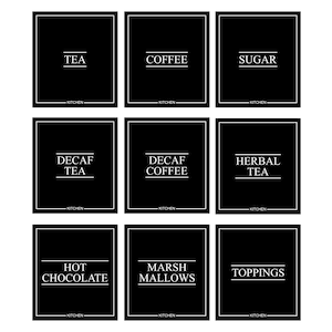 May include: Nine black and white kitchen labels with text including "TEA", "COFFEE", "SUGAR", "DECAF TEA", "DECAF COFFEE", "HERBAL TEA", "HOT CHOCOLATE", "MARSH MALLOWS", and "TOPPINGS". Each label has a white border and the word "KITCHEN" at the bottom.