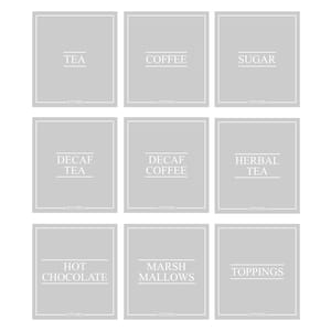 May include: Nine gray kitchen labels with white text. The labels read: TEA, COFFEE, SUGAR, DECAF TEA, DECAF COFFEE, HERBAL TEA, HOT CHOCOLATE, MARSHMALLOWS, and TOPPINGS. Each label has a white border and the word "KITCHEN" at the bottom.